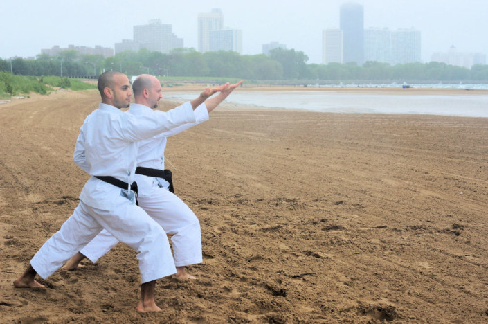 karate training on the beach